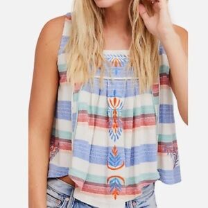 Free People Sleeveless striped‎ and Embroidered Swing Tank